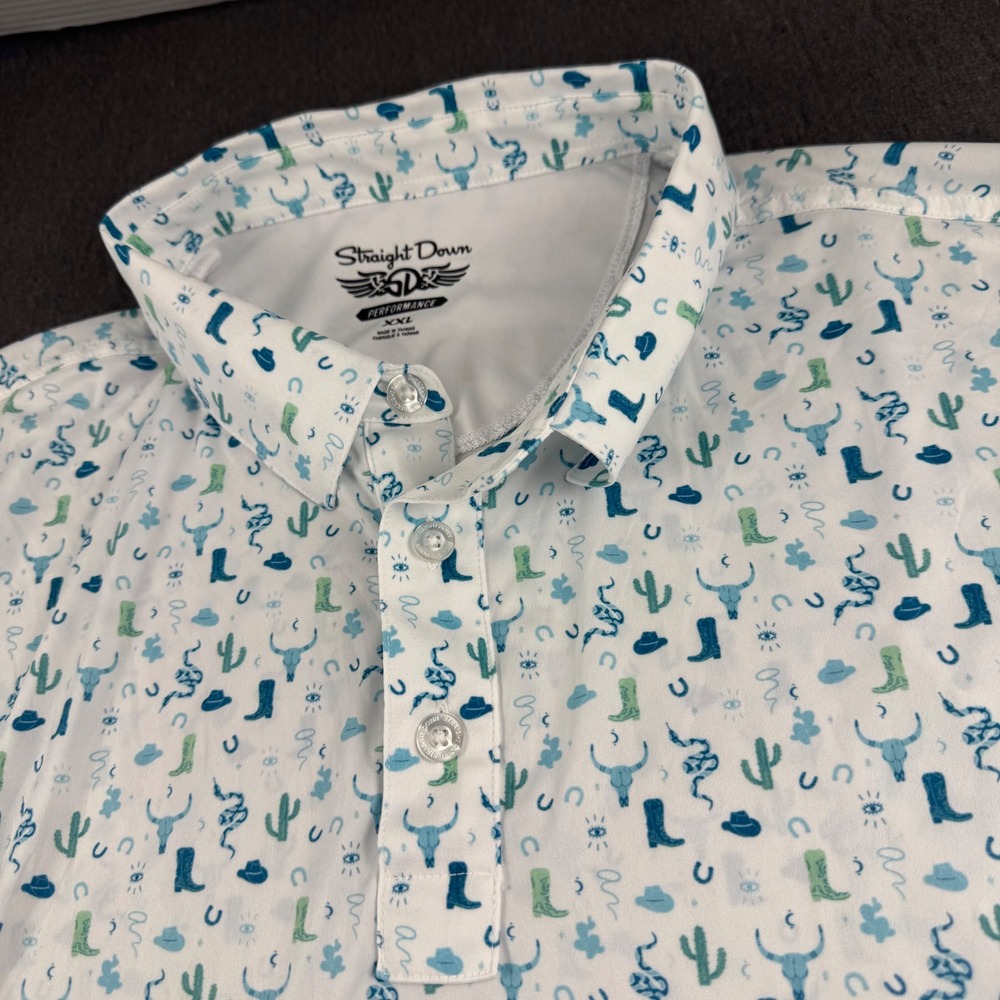 Straight Down Performance Mens XXL Golf Polo White Western Print Fort Stockton